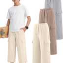 3 Pack Boys Capri Pants Drawstring Elastic Waisted Teens Cargo Joggers Pull on Casual Sweatpants with Pockets