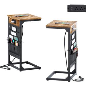C-Shaped End Tables Set of 2, Small Couch SideTable with Fast-Charging Station, Sofa TV Tray Table with Storage Bag for Living Room, Bedroom, Bedside ET-BR-W2