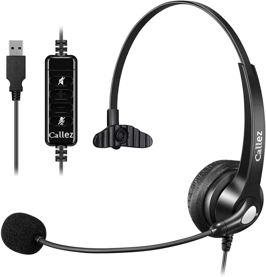 Callez USB Headset with Microphone Noise Cancelling & Audio Controls, Wideband Computer Headphones for Business UC Skype Lync Softphone Call Center Office, Clearer Voice, Super Light, Ultra Comfort (Black)