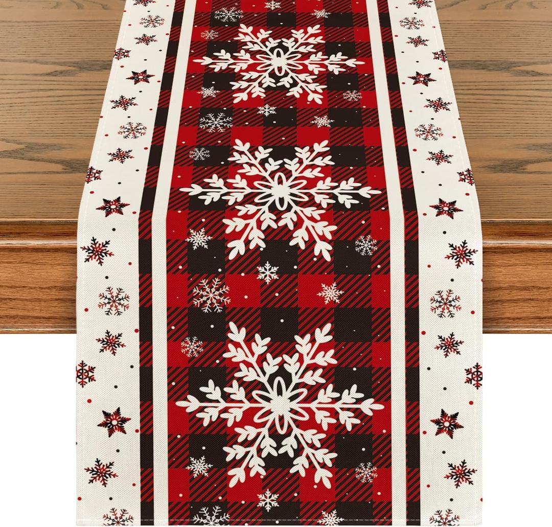 Artoid Mode Buffalo Plaid Snowflakes Christmas Table Runner, Seasonal Winter Kitchen Dining Table Decoration for Home Party Decor 13x108 Inch (Red)