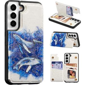 UEEBAI Wallet Case for Samsung Galaxy S21 FE 5G with Card Holders, PU Leather Cover Kickstand RFID Blocking Double Magnetic Clasp Rilievo Flower Shockproof Flip Case for Women Girls - Whale