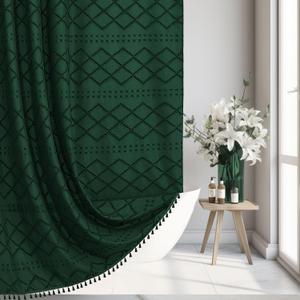 Siiluminisoy Extra Long Dark Green Boho Woven Fabric Cute 84 Inch Shower Curtain, 72 x 84 Tufted Chevron Textured Striped Modern Farmhouse Minimalist Cloth Shower Curtain for Bathroom
