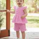 Jecson Toddler Baby Girl Summer Clothes Cotton Ruffled Sleeve Shirt Tops and Shorts Set Outfits 3Y(Pink)