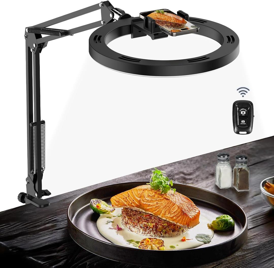 Overhead Camera Mount with Ring Light Phone Holder,10" LED Ring Light for Desk with Stand and Remote for iPhone,Phone Tripod with Light for Video Recording TikTok Live Stream Cooking Kitchen Vlogging (Desk)