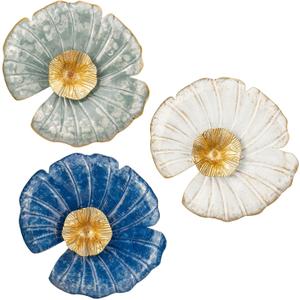 11.8" Metal Wall Decor Pack of 3, Floral Wall Art Decor Wall Sculptures Modern Accent, Wall Hanging Decorations for Home Office Dining Room Bedroom Living Room Blue Kitchen Wall Decor, White and Gold