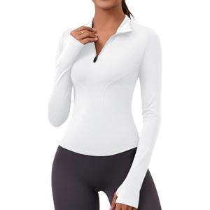 LOMON Womens Long Sleeve Workout Tops Quick Dry Quarter Zip Pullover Crop Yoga Athletic Slim Fit Shirts, White XL