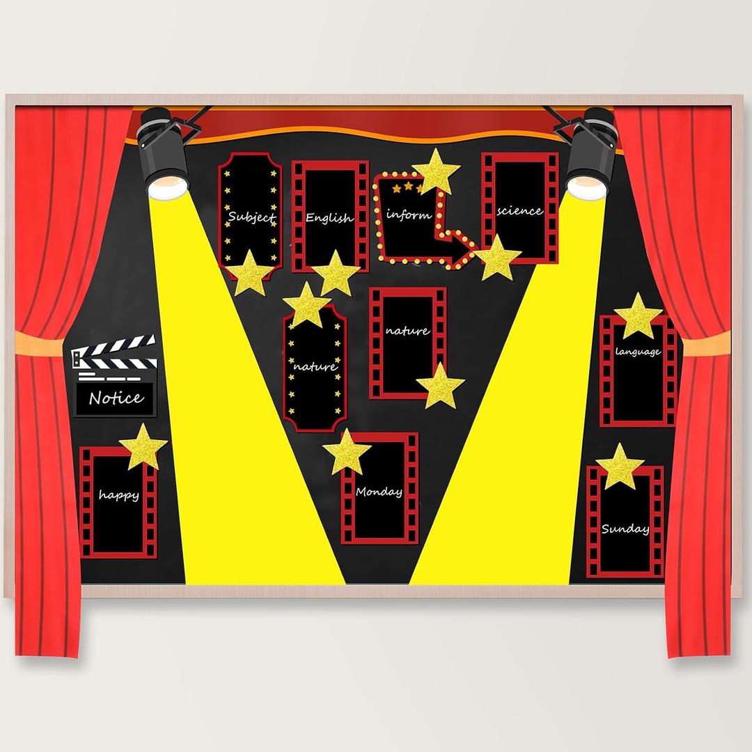 Mooliwe 28 Pcs Movie Night Bulletin Board Classroom Decor Backdrop Red Carpet Movie Party Light Camera Action Star Cutout DIY Bulletin for Welcome School New Grade Door Chalkboard Wall Birthday Decor