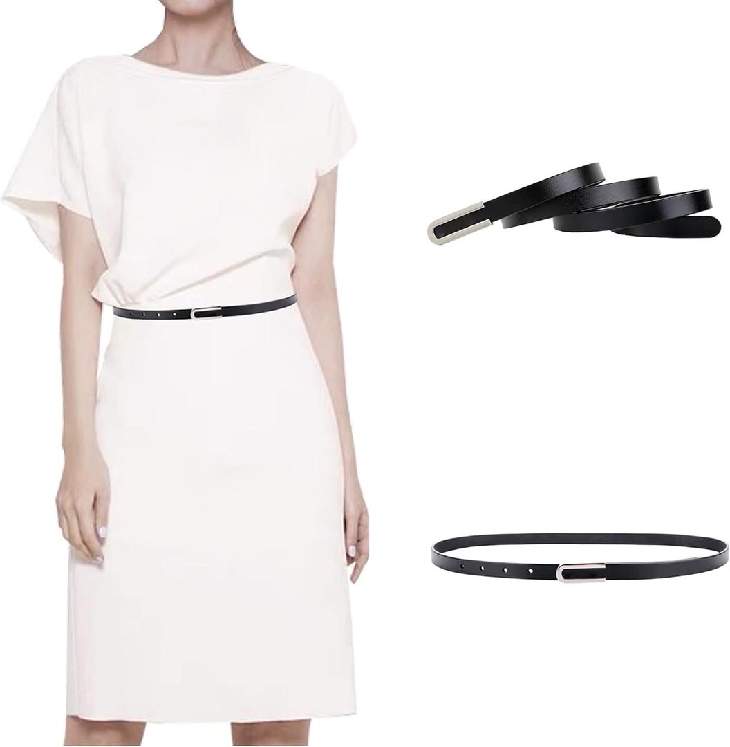 Women's Belt Fashion Skinny Slim Soft Genuine Leather Belts Waistband Thin Waist Belt Silver Chrome Color Alloy Buckle (Black)