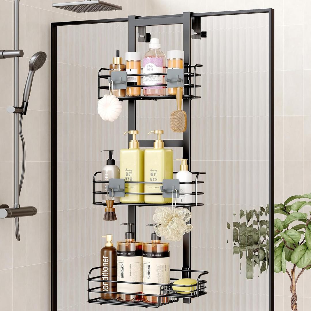 Nieifi Over The Door Shower Caddy Pantry Organizer Rack with Reliable Hooks, Sturdy Hanging Shower Organizer Shelf Basket Storage Rack, Bathroom Shelves Drill Free Extra Large, Black (A-Black)