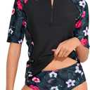 Daci Women 2 Piece Rash Guard Long Sleeve Zipper Bathing Suit with Bottom Built in Bra Swimsuit UPF 50 XXS