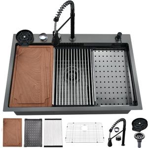 33 Inch Black Waterfall Kitchen Sink Stainless Steel Workstation, 33x22 Drop In Kitchen Sink with Waterfall and Faucet Combo 16 Gauge Multifunctional Single Bowl Upgraded Sinks