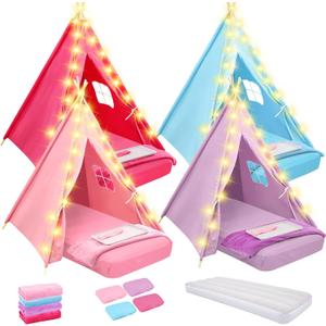 Windyun 4 Pack Kids Teepee Tent for Slumber Party with Mattress and Lights, Sleepover Tents for Girls Boys Indoor Outdoor Cotton Teepee with Airbed Tray Blanket Birthday Party Supplies (Colorful)