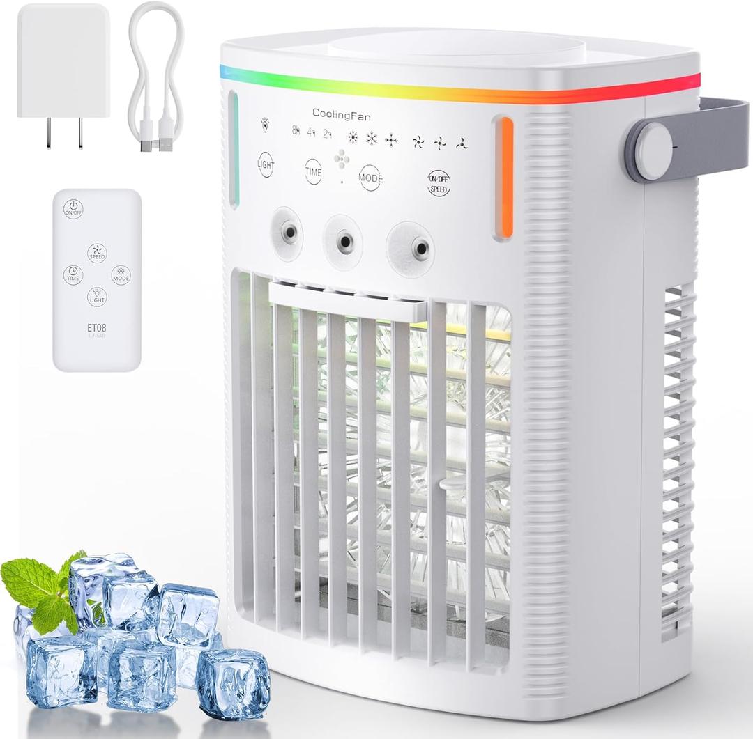 Portable Air Conditioners, Evaporative Air Cooler with 1000ML Water Tank, 3 Spray Ports, 3 Speeds & 3 Mist Level, 7 Color Night Light, 8H Timer, Personal Ac Units for Bedroom Office Camping