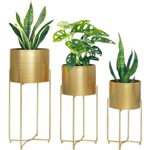 Sinolodo Gold Planters for Indoor Plants, Mid Century Floor Standing Tall Planter with Stands, 9/8/7 inch Plant Pots for Living Room Bedroom Office