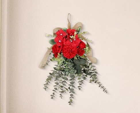 2pcs Artificial Eucalyptus Wreath Fake Floral Swag Front Door Teardrop Wreath Front Door Hanging Garland for Festival Holiday Home Party Supplies - Red