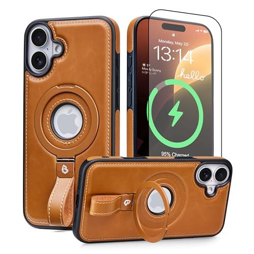 BUTAIGA for iPhone 16 Case Leather | iPhone 16 Leather Case with Stand | Compatible with MagSafe with Magnetic Ring Grip Holder (Brown, IP 16-6.1inch) : Cell Phones & Accessories