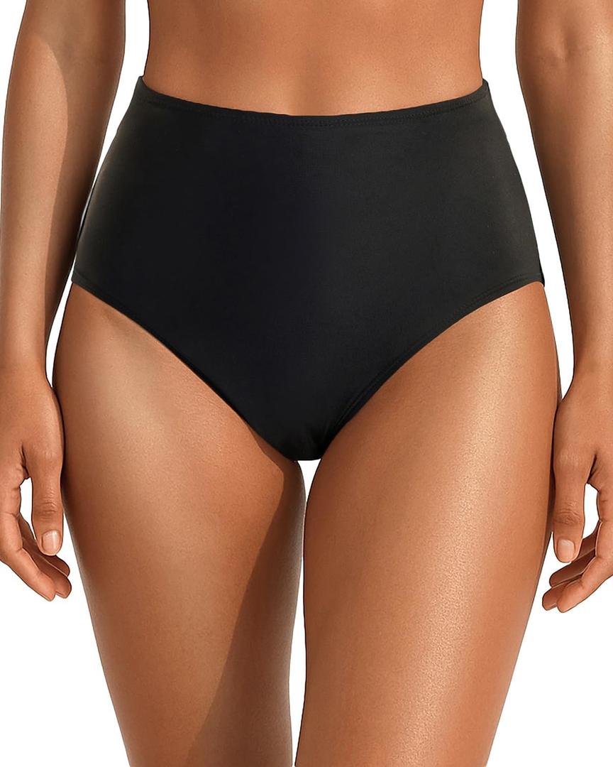 Tempt Me Womens High Cut High Waisted Bikini Bottoms Tummy Control Bathing Suit Bottoms Swim Bottom Swimsuit Bottom (Black)