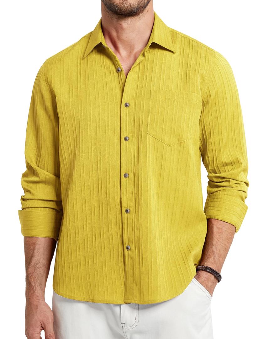 HISDERN Mens Casual Long Sleeve Shirts Button Up Down Yellow Shirts Wrinkle Free Striped Collared Gold Solid Textured Shirt Dating Vacation Clothing (Yellow, XL)