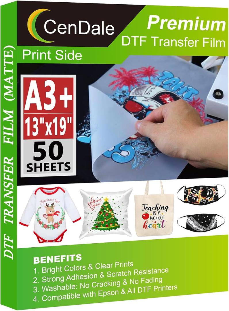CenDale Premium DTF Transfer Film 13"x19" - A3 Plus 50 Sheets Double-Sided Matte Clear PreTreat Sheets PET Heat Transfer Paper for DIY Direct Print on All Fabric and Colors T-Shirts Textile