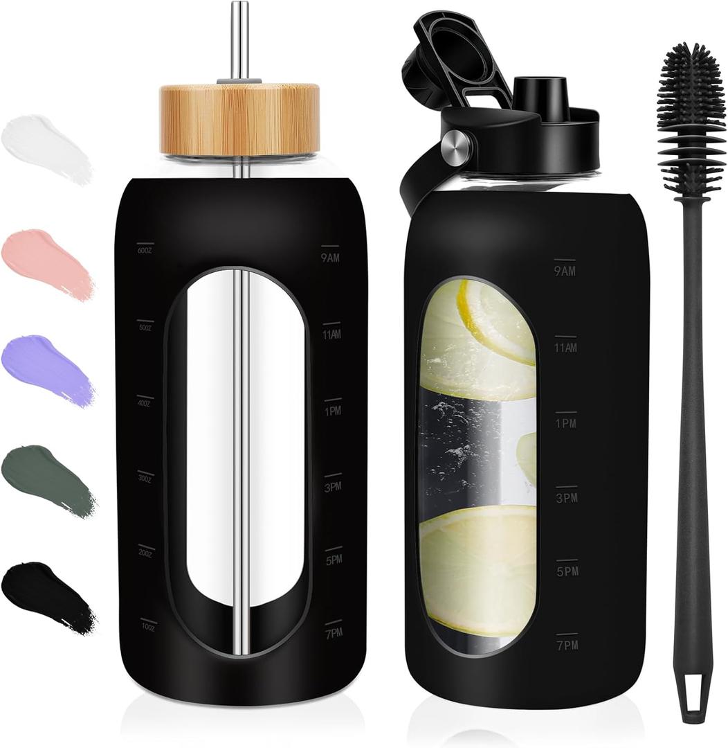 Glass Water Bottles 64 oz - Half Gallon Large Motivational Daily Water Intake Bottle Time Marker - Glass Water Bottle With Straw, Silicone Sleeve 2 Lids, Handle Spout & Bamboo Lid(Black)