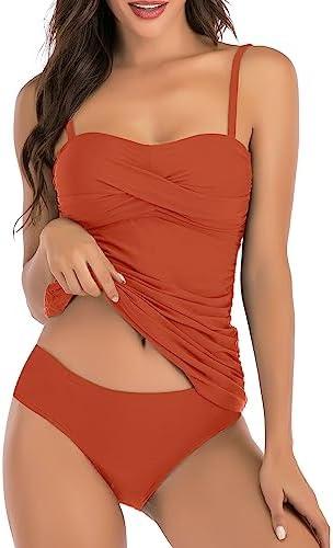 Shuangyu Women's Twist Front Bandeau Tankini Set Two Pieces Ruched Tummy Control Suimsuit with Mid Waist Briefs, L, Brown