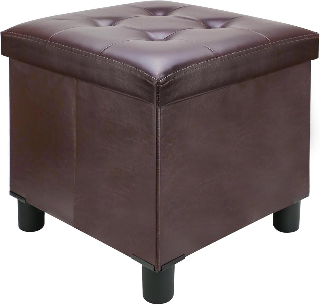 18 Inches Cube Storage Ottoman, Faux Leather Collapsible Square Folding Ottoman Furniture with Storage for Living Room Bedroom, Foot Rest Foot Stool with Legs, Brown 18x18x18 Inches