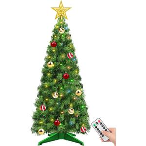 Remote 8 Mode & Timer 4 Ft Mini Christmas Tree with 100 Warm White & Multi Color Change Lights 18 DIY Balls Ornaments 3D Star Battery Operated Small Xmas Tree Table Indoor Holiday Party Decor (Green)