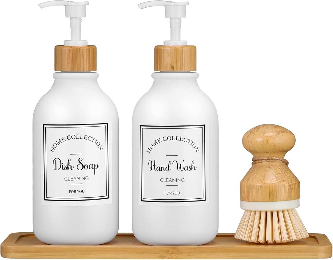 Zopeal 4 Pcs 16 oz Kitchen Soap Dispenser Set with Bamboo Tray and Dish Brush Plastic Soap Dispenser Set with Waterproof Labels for Hand Dish Lotion(Frosted White)