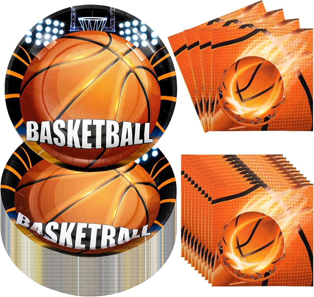 Umigy 100 Pcs Basketball Plates and Napkins Party Supplies Basketball Tableware Dinner Lunch Dessert Appetizer for Kids Boys Baby Shower Birthday Sport Party Decor Serves 50(Classic Style)