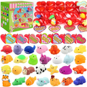 28 Pack Valentines Mochi Squishies Toys and Valentine Cards for Kids, Animal Mochi Squishies Filled Hearts and Valentine Greeting Cards Kawaii Stress Relief Toys Classroom Exchange Party Favors Prizes