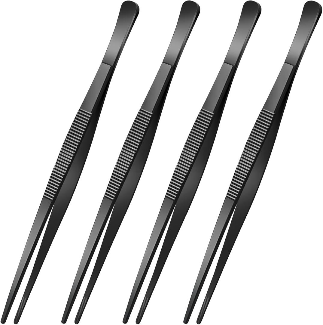 Yaomiao 4 Packs 12 Inch Bar Tweezers Black Cocktail Tongs Long Garnish Tweezers Stainless Steel Bartender Kitchen Cooking Tongs for Cocktail Food Fruit Korean BBQ Bartender Chef, Multi-use
