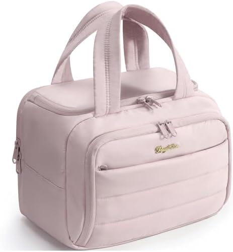 Bagstellar Travel Toiletry Bag for Women, Lightweight Large Quilted Puffy Makeup Bag Wide-open Make up Organizer Cloud Cosmetic Bag w/Handle for Traveling Toiletries Essentials Accessories Light Pink