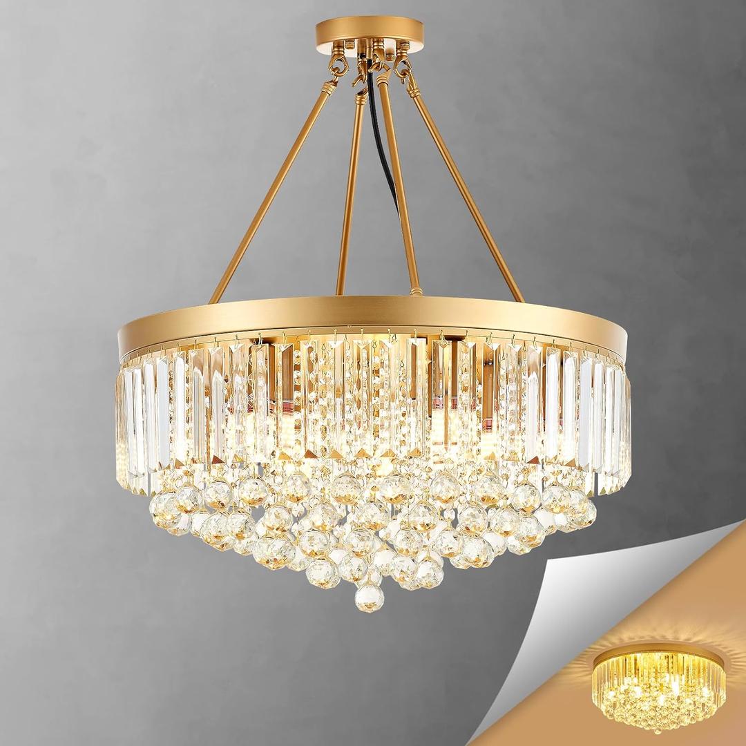 9-Light Gold Crystal Chandelier Contemporary 22'' Modern Semi Flush Mount Crystal Hanging Light Sparkling Decoration for Bedroom Entryway Living Dining Room Kitchen Island Hallway