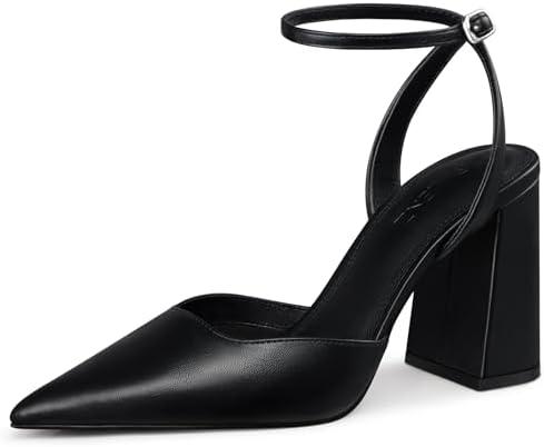 CELLENZ Women Chunky Heel Pumps: 3.9 Inch High Sexy Heels, Comfortable Formal Homecoming Party Dance Dress Shoes, Closed Pointed Toe Strappy Pumps Size 7,  Black Pu
