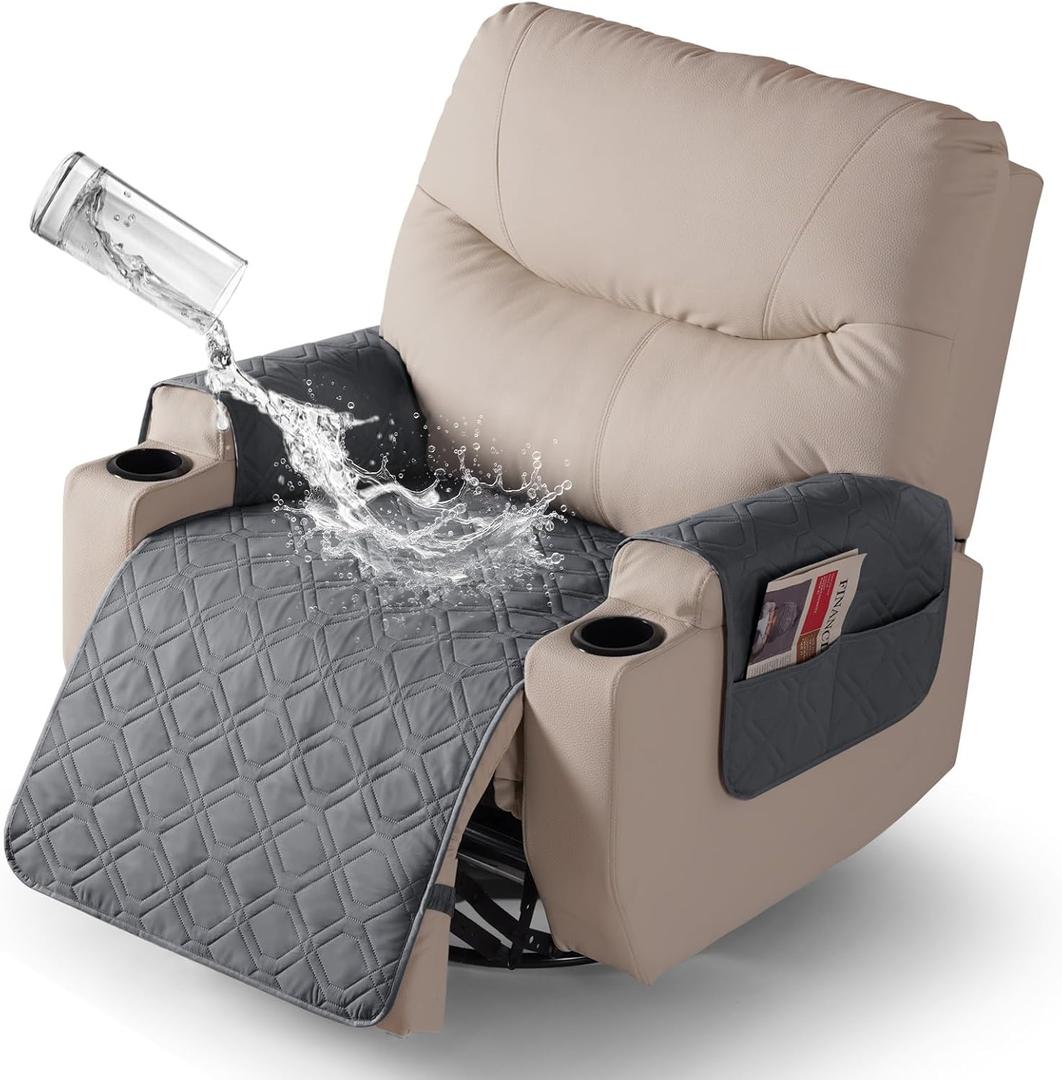 VANSOFY Recliner Chair Covers 100% Waterproof Seat Cover with Arm Reclining Cover Non-Slip Recliner Chair Covers Furniture Protector Washable Slipcover with Pocket for Pets, Dogs(Dark Gray, 25")