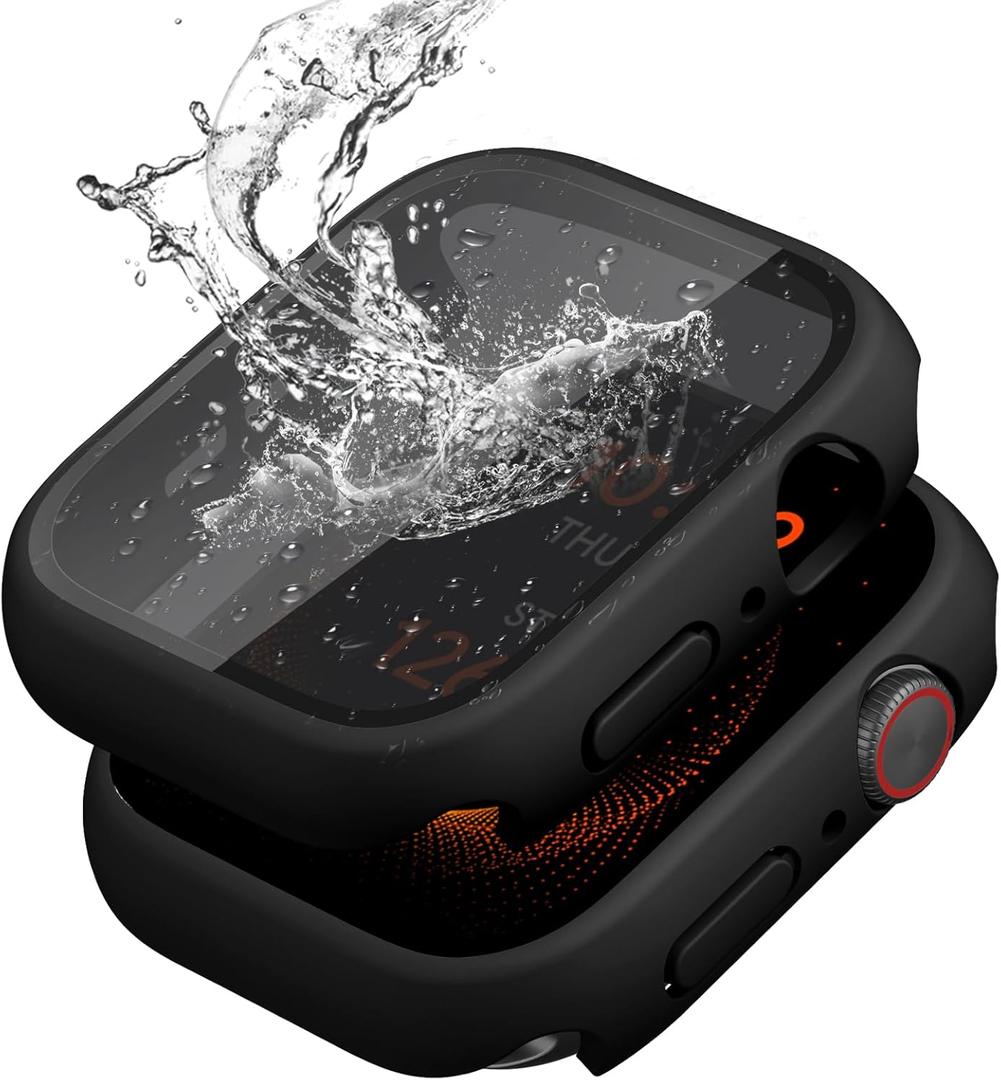 2 Pack Waterproof Privacy Hard PC Case with Tempered Glass Screen Protector for Apple Watch SE 2nd SE 3 Gen Series 6 5 4 44mm, Ultra-Thin Bumper Anti-Shock Screen for iWatch Cover Accessories, Black