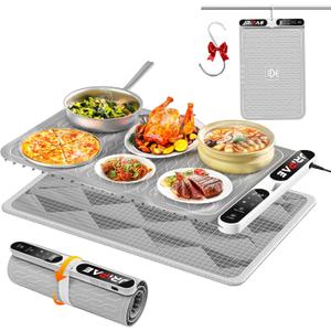 Warming Mat for Food, Fast Heating Silicone Electric Warming Tray with Heat Resistant Pad Protects Table,7 Level Temp, 8H Timer, Portable & Rollable Food Warmers for Parties Buffet, Daily Use (24*15 IN, Gray)
