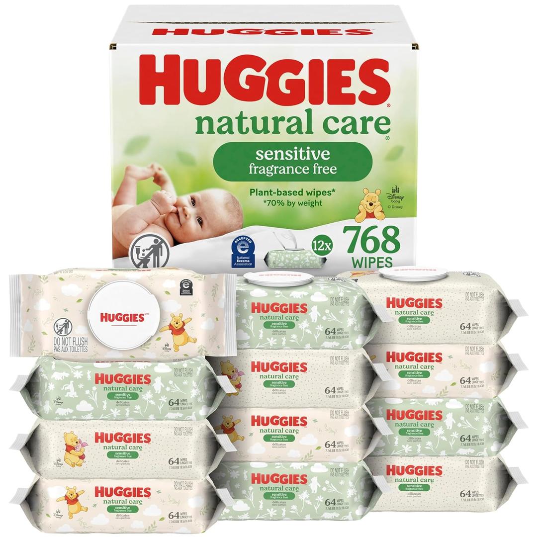 Huggies Natural Care Sensitive Baby Wipes, Unscented, Hypoallergenic, 99% Purified Water, 12 Flip-Top Packs (768 Wipes Total)