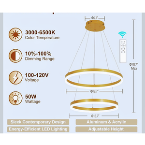 2 Rings Modern LED Chandelier Gold High Ceiling Ring Chandeliers with Remote Control Circular Pendant Light Dimmable for Dining Room Living Room Bedroom Hallway Kitchen Island 3000K-6500K