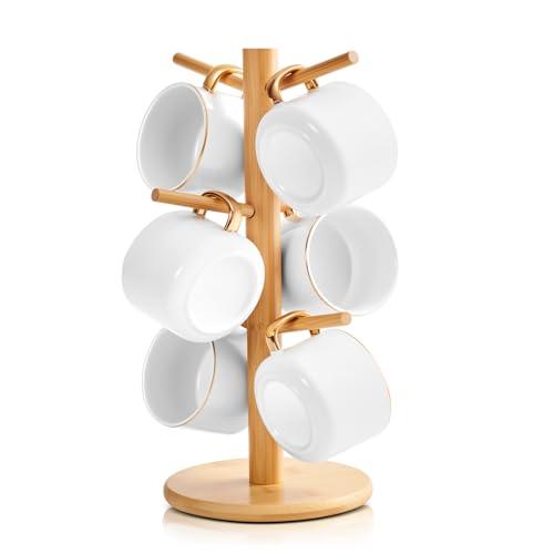 Kelduemi Bamboo Mug Tree for Counter, 6 Hooks Detachable Coffee Mug Holder, Decorative Mug Racks for Coffee Bar Organizer