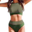 AI'MAGE Women's High Waisted Bikini Ribbed Tummy Control Swimsuit High Neck Color Block Two Pieces Bathing Suits 2025 Small
