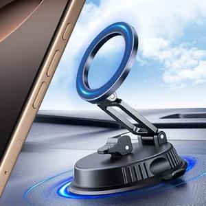 DEERLAMN Car Phone Holder for Magsafe, [Vacuum + Reusable Nano Adhesive] Double Stability Suction Cup Car Phone Mount, Foldable Car/Desktop Multi-scenarios Magnetic Cellphone Holders-Black