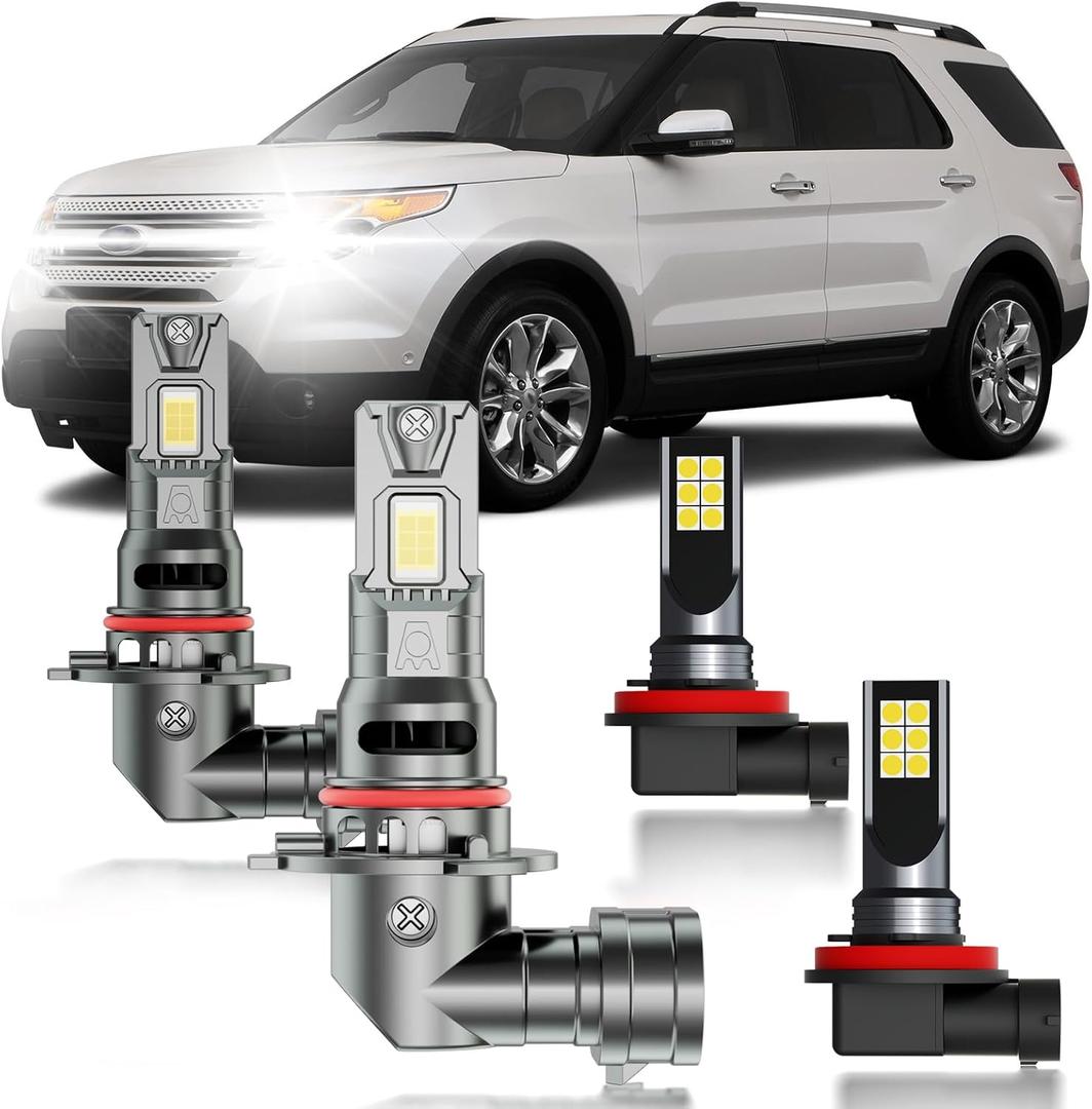 Ford Explorer 2011-2015 FOG Lights Bulbs Combo, 4pcs Super Bright White Dual Beam and Fog Lights Blubs Package, 1:1 Size as Stock Bulbs, Plug and Play