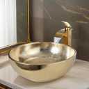 Gold Ceramic Vessel Sink with Faucet and Drain 16 Inch Bathroom Sink Above Counter Round Basin Bowl Sink for Bathroom, 15.6 x 15.6 x 5.8 inches