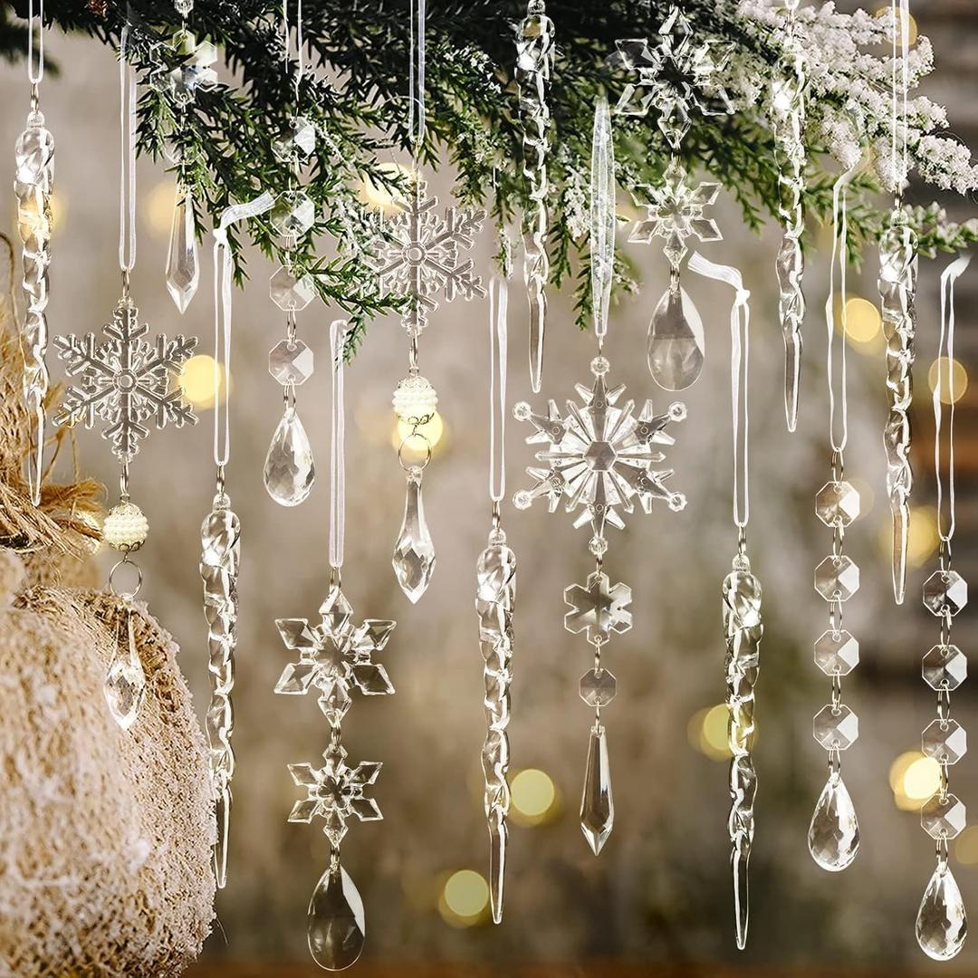 18pcs Christmas Tree Decoration Crystal Ornaments - Hanging Acrylic Christmas Snowflake Icicle Drop Crystal Ornaments for Xmas Tree Winter New Year Party Supplies (Clear)