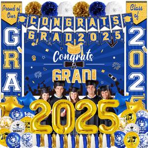 Ouddy Life Blue and Gold Graduation Decorations Class of 2025, 61Pcs Graduation Party Supplies Congrats Grad Backdrop Banner Door Porch Navy Blue Gold Star Balloon for College Campus School Decor