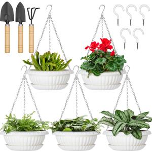 Hanging Planters, 5 Pcs 11" Hanging Pots, White Hanging Flower Pots, Hanging Plant Pots Baskets for Plants with Drainage Trays, Hanging Chains and Ceiling Hooks, Come with Free Garden Tools Set