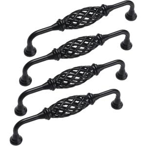 4PCS Birdcage Cabinet Hardware Handle Pull, Cast Iron Antique Door Handle Metal Barn Door Handle, Center Holes Handle for Kitchen Cupboard Bedroom Wardrobe Bathroom Drawer (128Black)