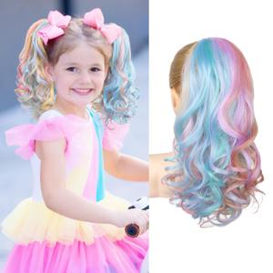 SEIKEA Ponytail Extension, 16" Lightweight Wavy Curly Clip in Hair Extensions, Colored for Kids, Crazy Hair Day Accessories for Girls Synthetic Hairpiece Pastel Rainbow