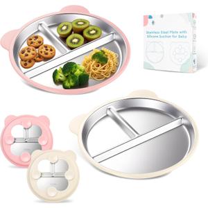 Stainless Steel Kids Plate with Suction Set of 2, 9 Toddler Divided Plates with Removable Non Slip Silicone Sleeves, Unbreakable Baby Snack Dishes, BPA Free, Beige & Light Pink